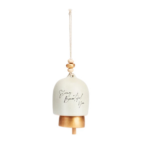 A cream and gold bell that says "Strong Beautiful You". There are beads at the top of the bell.