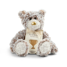 A gray and brown plush bear with a gold nose and a cream tag tied around its neck that says "You're the best!"