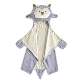 A wearable blue and light gray blanket shaped like a smiling monster with a head, paws and tail.
