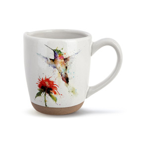 White ceramic handled mug with a brown textured base. The mug has a watercolor image of a hummingbird over a red flower.