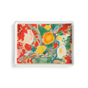 A white ceramic mini tray with artwork created by ArtLifting artist Alicia Sterling Beach. The image is florals in shades of red and orange.