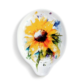 A white ceramic spoon rest with a watercolor image of a sunflower.