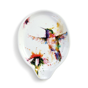 A white ceramic spoon rest with a watercolor image of a hummingbird over a coneflower.