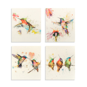 A set of four biodegradable reusable dish cloths with different images of hummingbirds on each.