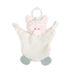 A soft, plush, cream and pink Pig Teething Buddy with a cream stomach, two textured gray tabs, and a light gray ring.