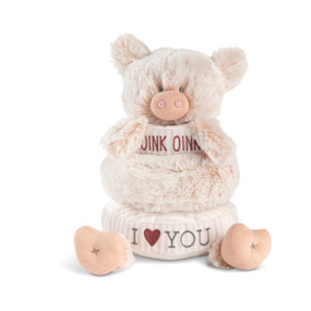 A stackable plush ring toy with three fabric rings in light pink and cream that say "Oink Oink I Love You" and a plush head of a pig on top.