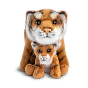 An orange and white plush tiger and baby with the baby sitting under the head of the adult.