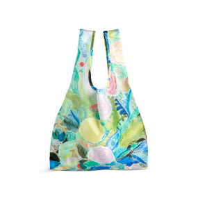 A fabric handled tote bag with artwork inspired by ArtLifting artist Alicia Sterling Beach of a blue, green and pink floral design.