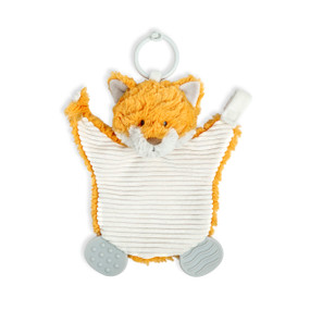 A soft, plush, cream and orange Fox Teething Buddy with a cream stomach, two textured gray tabs, and a light gray ring.