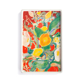A white ceramic small tray with artwork created by ArtLifting artist Alicia Sterling Beach. The vertical image is florals in shades of red and orange.