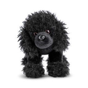 A black fuzzy poodle plush dog standing that has a tilt to his head.
