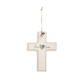 A cream ceramic hanging cross with a light gray accent and says Bless this Child with a silver token at the top.