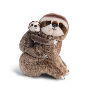 A brown plush sloth with a baby sloth holding onto to its back.