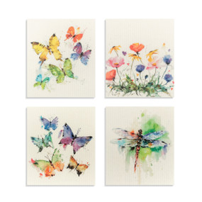A set of four biodegradable reusable dish cloths with butterflies and wildflowers on them.