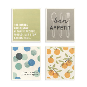 A set of four biodegradable reusable dish cloths, three with fun sayings and the other with an artistic image of oranges.