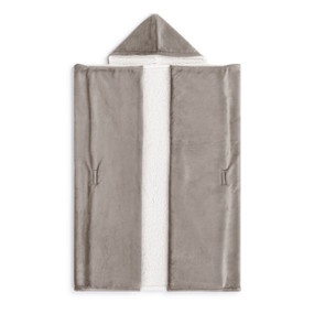 A taupe snuggle blanket with white interior that has a hood and can wrap around you shown laid out on a white background.