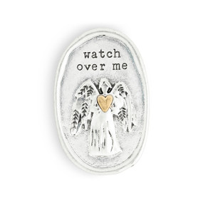 An oval silver metal visor clip with the image of an angel holding a gold heart and says "watch over me".