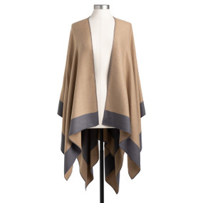 A camel colored kimono with a gray bottom border displayed on a mannequin.