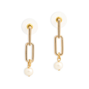 A pair of gold hanging earrings with a small pearl attached at the bottom.