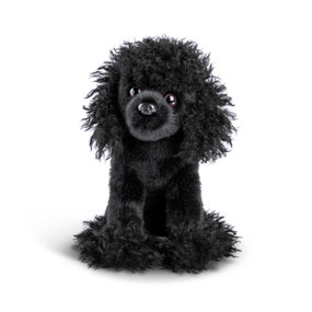 A black fuzzy poodle plush dog sitting down that has a tilt to his head.
