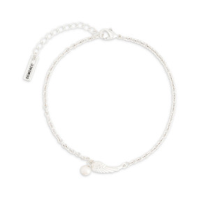 A delicate adjustable silver chain bracelet with a silver wing charm and pearl bead.