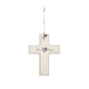 A cream ceramic hanging cross with a blue accent and says Bless this Child with a silver token at the top.