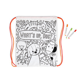 A white drawstring bag with an image of a puppy with other farm animals outlined in black and ready to be colored. Shown with three markers and the red and orange strings out on the bag.