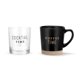 A black handled stoneware mug that says "Coffee Time" and a clear rocks glass that says "Cocktail Time".