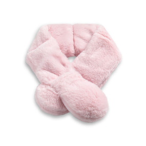 A pink warming scarf laid out with the ends overlapping.