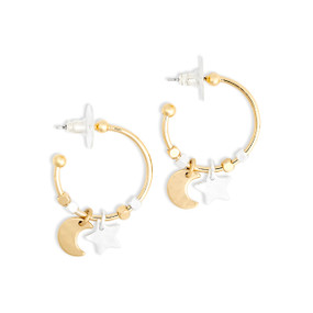 A pair of gold hoop earrings with gold and silver beads and two charms, a gold moon and silver star.