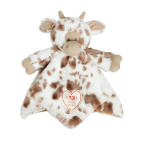 A white and brown spotted cow rattle blankie with a fabric heart that says "Moo means love you".