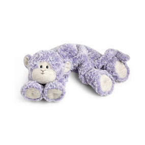 A purple neck pillow shaped like a monkey with a gray heather face and paws.