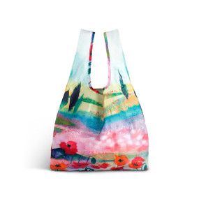 A fabric handled tote bag with artwork inspired by ArtLifting artist Midori of a painted landscape of Poppy flowers.