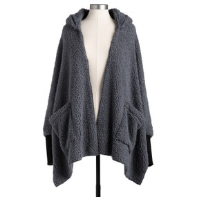 A black Sherpa wrap with two front pockets, black thumb hole cuffs and a hood displayed on a mannequin.