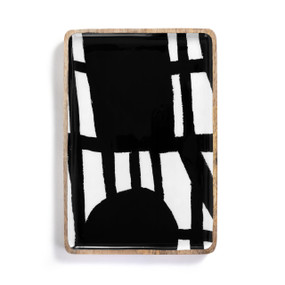 A wood tray with artwork created by ArtLifting artist Linda King. The image is a black and white contrast of lines and circles.