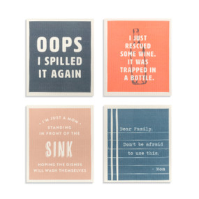 A set of four biodegradable reusable dish cloths with funny kitchen themed family sayings on them.