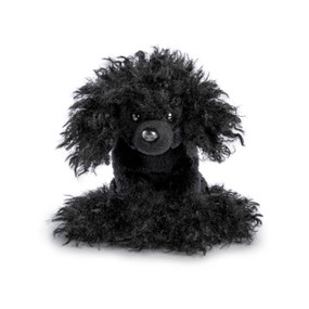 A fluffy black plush poodle beanbag sitting down.