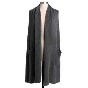 A gray wrap with two front pockets displayed on a mannequin.