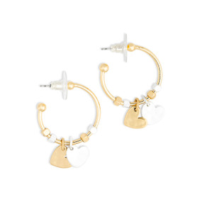 A pair of gold hoop earrings with gold and silver beads and two charms, a gold and silver heart.