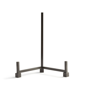 A large black metal display stand with square iron bars and feet.