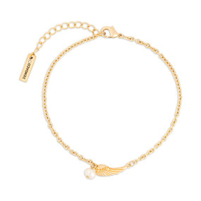 A delicate adjustable gold chain bracelet with a gold wing charm and pearl bead.