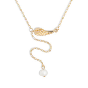 Detail view of the wing and pearl charm on a delicate adjustable gold chain necklace with a small wing charm and drop pearl bead at the bottom.