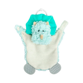 A soft, plush, cream and green Triceratops Teething Buddy with a cream stomach, two textured gray tabs, and a light gray ring.