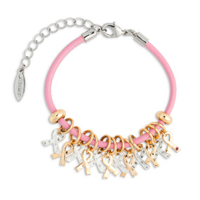 A pink leather bracelet with a silver clasp and ten gold and silver ribbon charms.