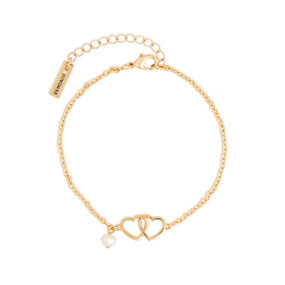 A gold chain adjustable bracelet with two intertwined gold hearts and a white bead.