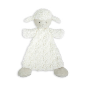 A soft white fabric lamb cozie on a white background.