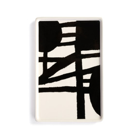 A white ceramic small tray with artwork created by ArtLifting artist Linda King. The image is a contrast of black and white lines and circles.
