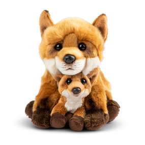 A plush adult fox with its pup fox nestled between its paws.