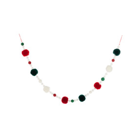 A holiday garland with large and small poms in green, red and white.