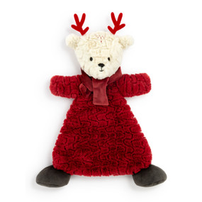 A dark red reindeer blankie wearing a red scarf and has antlers.